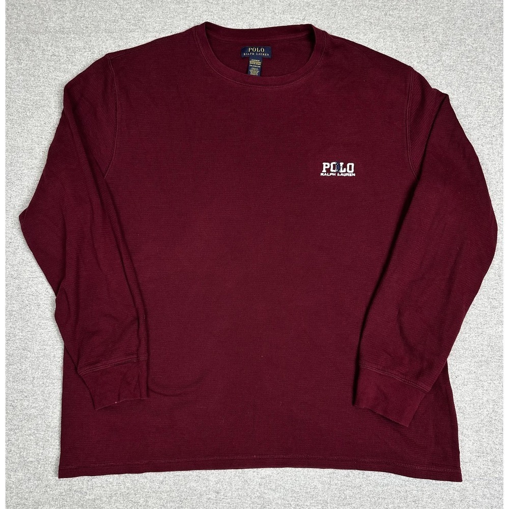 Polo Ralph Lauren Shirt Mens 2XL Burgundy Waffle Thermal Sleepwear Long Sleeve